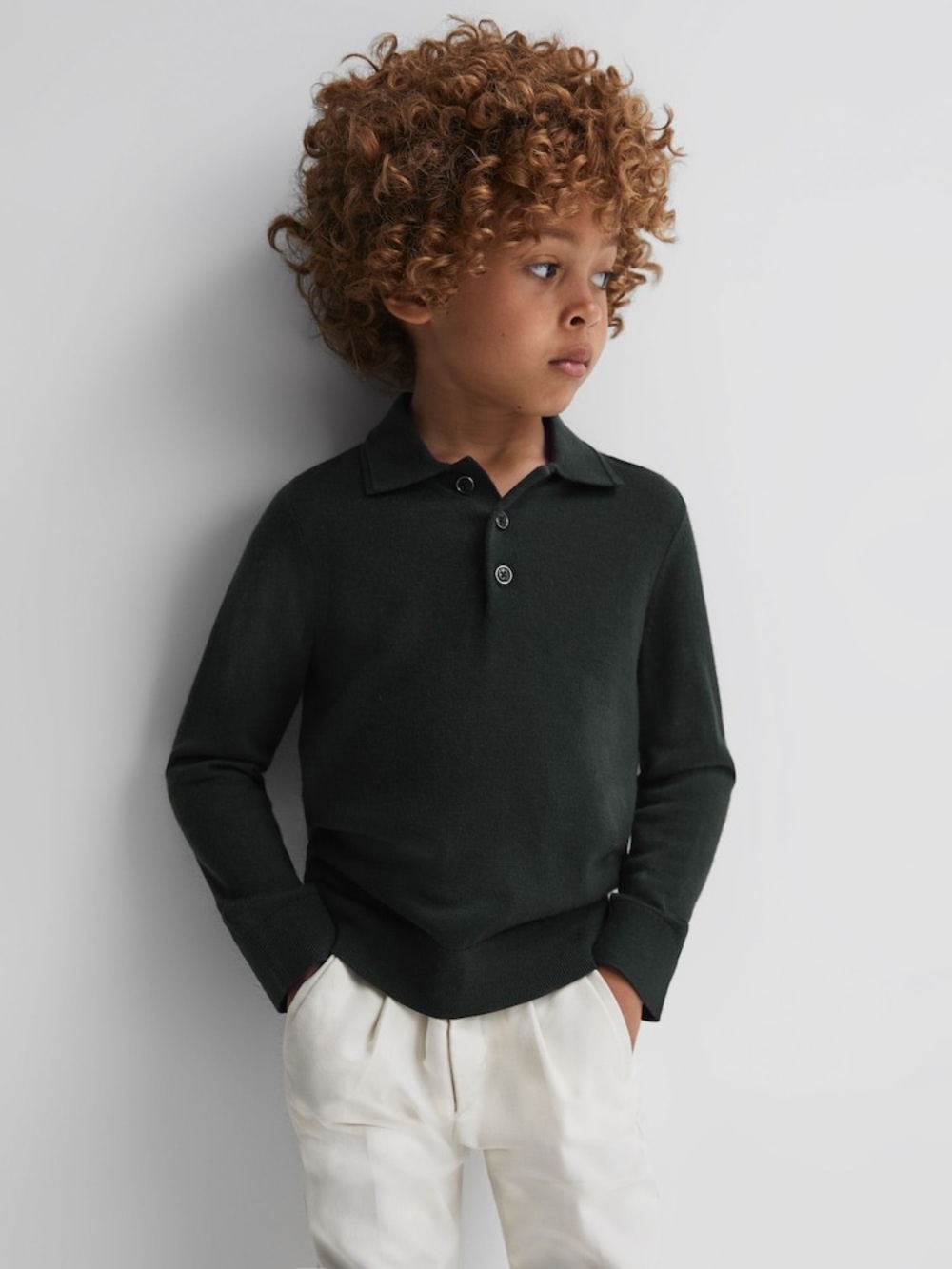 Reiss Forest Trafford Junior Merino Wool Long-sleeve Polo Shirt
